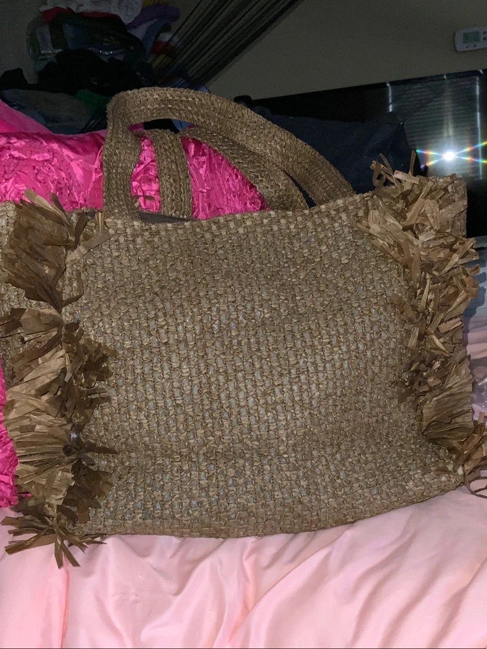 Woven Fringe Straw Tote Bag in Brown
